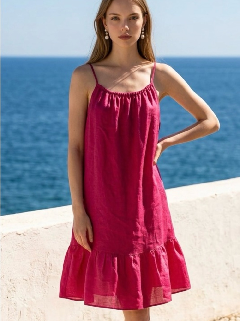 Stella Martini Fuchsia Pink 100% Linen Spaghetti Strap Midi Beach Dress-XL